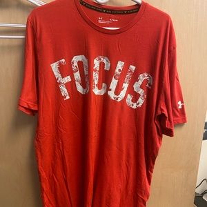 Red “Focus” Under Armour, Project Rock, shirt, worn twice, like new.